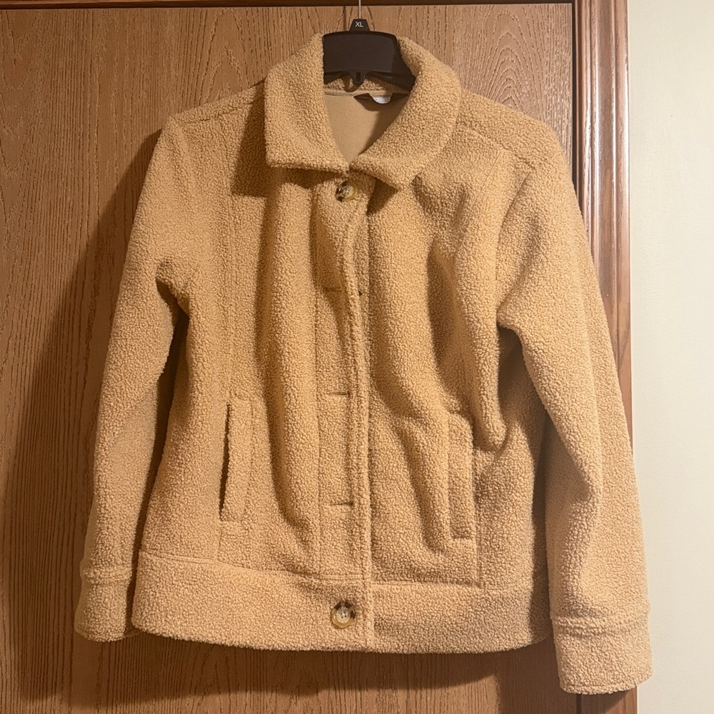 Encore by Idina Menzel Open Collar Relaxed Fit Sherpa Car Coat in Camel color